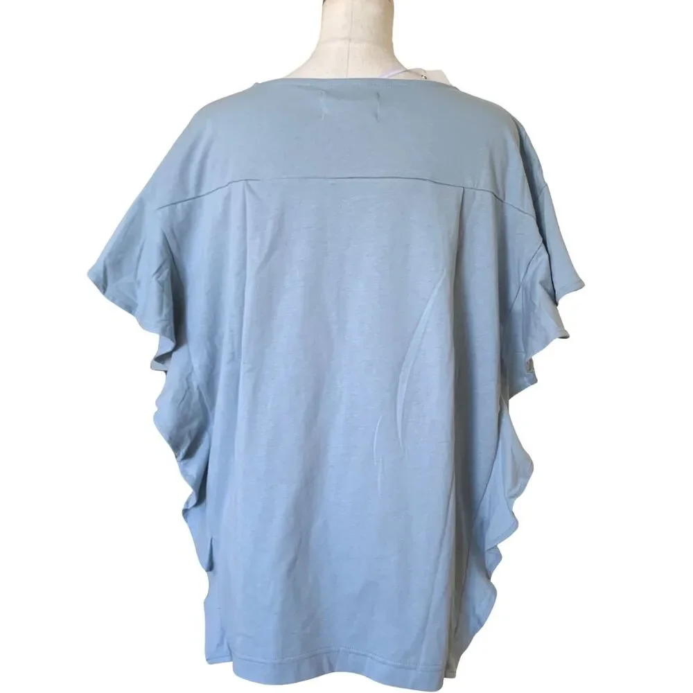 NWT Oversized Light Blue Ruffle Sleeve Top M Loose Fit Cotton Blend - Picture 4 of 5